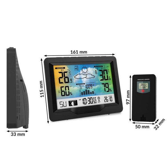 Időjárás állomás, Berdsen BD-901, fekete, vezeték nélküli, színes kijelző, külső érzékelővel, 60 m hatótáv, hőmérséklet, légnyomás, páratartalom, ébresztőóra, előrejelzés