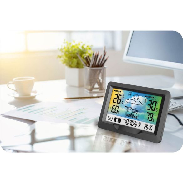 Időjárás állomás, Berdsen BD-901, fekete, vezeték nélküli, színes kijelző, külső érzékelővel, 60 m hatótáv, hőmérséklet, légnyomás, páratartalom, ébresztőóra, előrejelzés