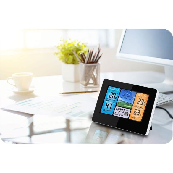 Időjárás állomás, Berdsen BD-902, fekete, vezeték nélküli, színes kijelző, külső érzékelővel, 60 m hatótáv, hőmérséklet, légnyomás, páratartalom, ébresztőóra, előrejelzés