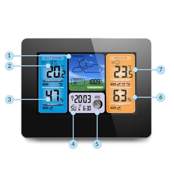 Időjárás állomás, Berdsen BD-902, fekete, vezeték nélküli, színes kijelző, külső érzékelővel, 60 m hatótáv, hőmérséklet, légnyomás, páratartalom, ébresztőóra, előrejelzés
