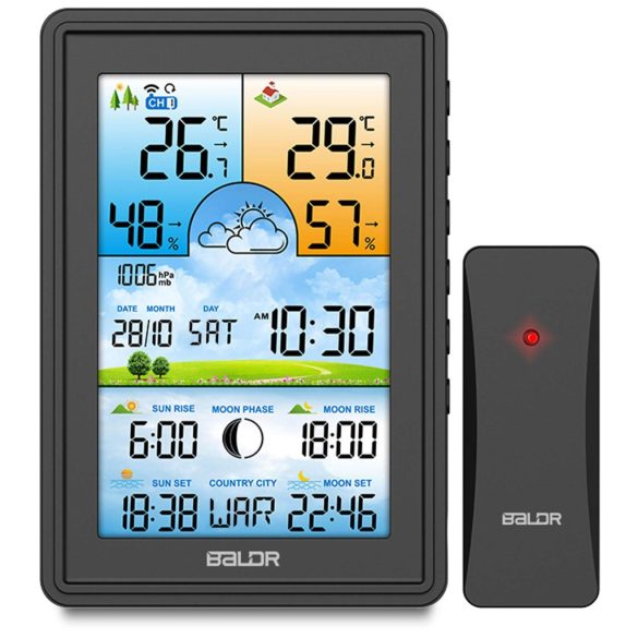 Időjárás állomás, BALDR BD-906, fekete, vezeték nélküli, színes kijelző, külső érzékelő, 60 m hatótáv, hőmérséklet, páratartalom, légnyomás, ébresztőóra, előrejelzés
