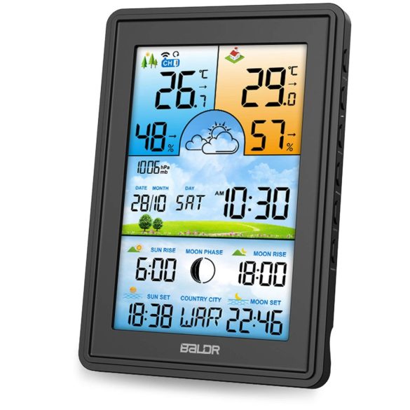 Időjárás állomás, BALDR BD-906, fekete, vezeték nélküli, színes kijelző, külső érzékelő, 60 m hatótáv, hőmérséklet, páratartalom, légnyomás, ébresztőóra, előrejelzés