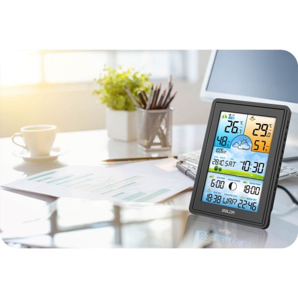 Időjárás állomás, BALDR BD-906, fekete, vezeték nélküli, színes kijelző, külső érzékelő, 60 m hatótáv, hőmérséklet, páratartalom, légnyomás, ébresztőóra, előrejelzés