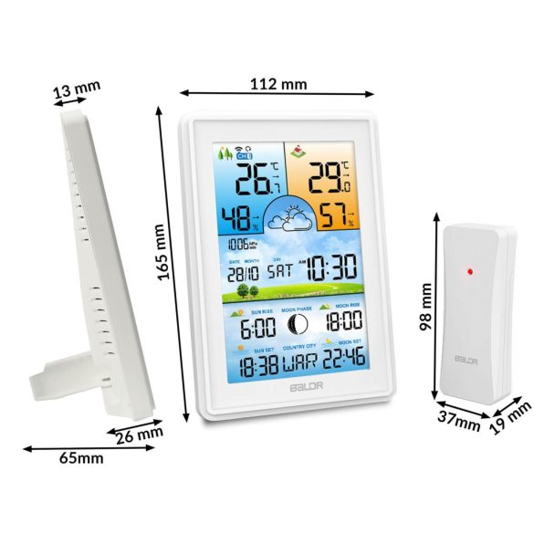 Időjárás állomás, BALDR BD-906, fehér, vezeték nélküli, színes kijelző, külső érzékelő, 60 m hatótáv, hőmérséklet, páratartalom, légnyomás, ébresztőóra, előrejelzés
