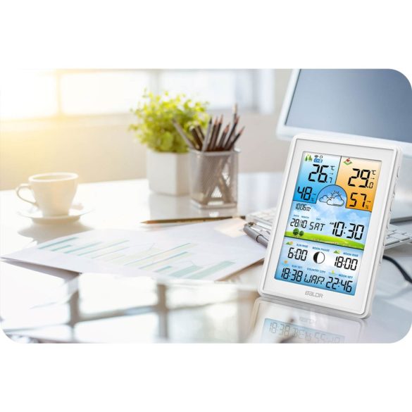 Időjárás állomás, BALDR BD-906, fehér, vezeték nélküli, színes kijelző, külső érzékelő, 60 m hatótáv, hőmérséklet, páratartalom, légnyomás, ébresztőóra, előrejelzés