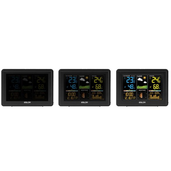 Időjárás állomás, BALDR BD-907, fekete, vezeték nélküli, színes kijelző, külső érzékelő, 60 m hatótáv, hőmérséklet, páratartalom, légnyomás, ébresztőóra, előrejelzés