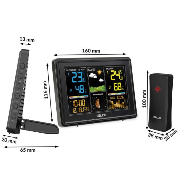 Időjárás állomás, BALDR BD-907, fekete, vezeték nélküli, színes kijelző, külső érzékelő, 60 m hatótáv, hőmérséklet, páratartalom, légnyomás, ébresztőóra, előrejelzés