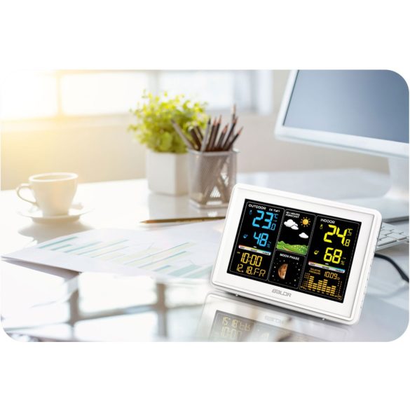 Időjárás állomás, BALDR BD-907, fehér, vezeték nélküli, színes kijelző, külső érzékelő, 60 m hatótáv, hőmérséklet, páratartalom, légnyomás, ébresztőóra, előrejelzés
