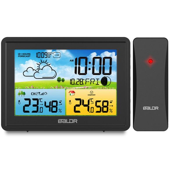 Időjárás állomás, BALDR BD-908, fekete, vezeték nélküli, színes kijelző, külső érzékelő, 60 m hatótáv, hőmérséklet, páratartalom, légnyomás, ébresztőóra, előrejelzés