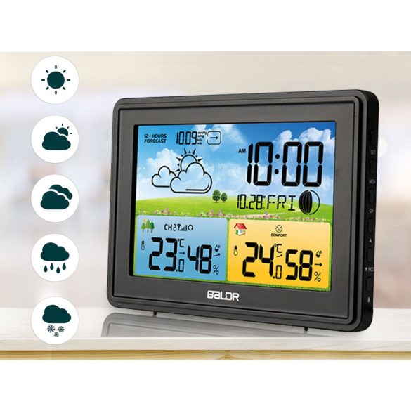 Időjárás állomás, BALDR BD-908, fekete, vezeték nélküli, színes kijelző, külső érzékelő, 60 m hatótáv, hőmérséklet, páratartalom, légnyomás, ébresztőóra, előrejelzés