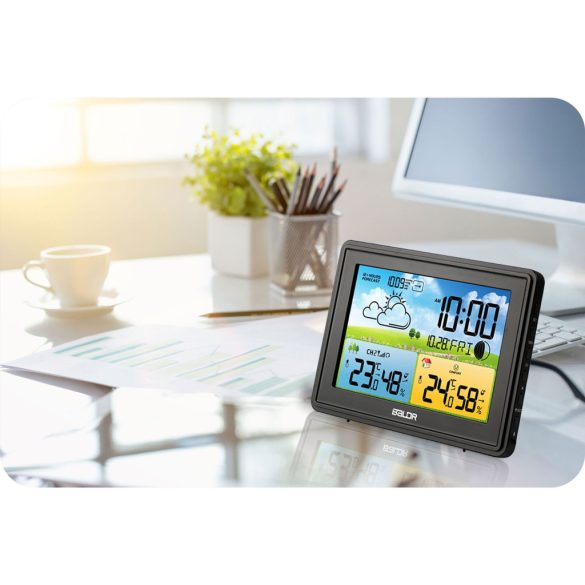 Időjárás állomás, BALDR BD-908, fekete, vezeték nélküli, színes kijelző, külső érzékelő, 60 m hatótáv, hőmérséklet, páratartalom, légnyomás, ébresztőóra, előrejelzés
