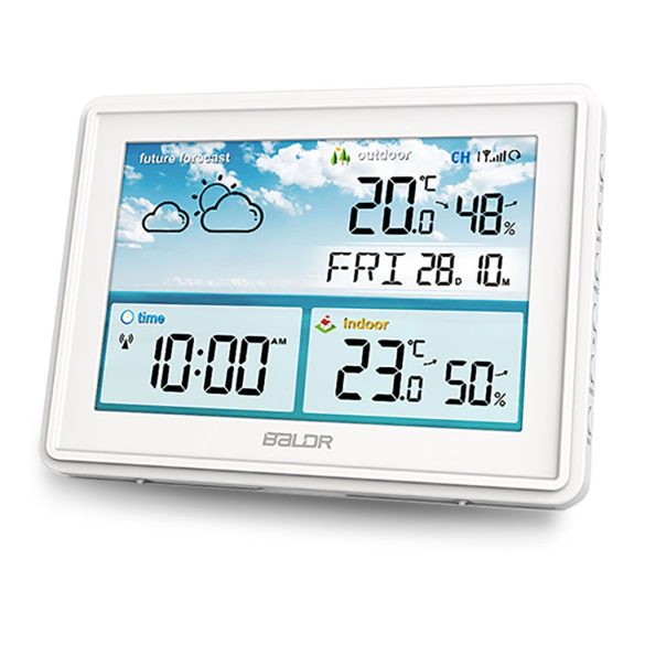 Időjárás állomás, BALDR BD-909, fehér, vezeték nélküli, színes kijelző, külső érzékelő, 60 m hatótáv, hőmérséklet, páratartalom, légnyomás, ébresztőóra, előrejelzés