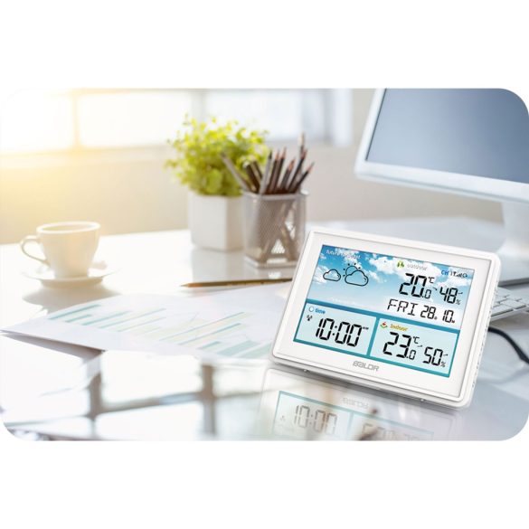 Időjárás állomás, BALDR BD-909, fehér, vezeték nélküli, színes kijelző, külső érzékelő, 60 m hatótáv, hőmérséklet, páratartalom, légnyomás, ébresztőóra, előrejelzés