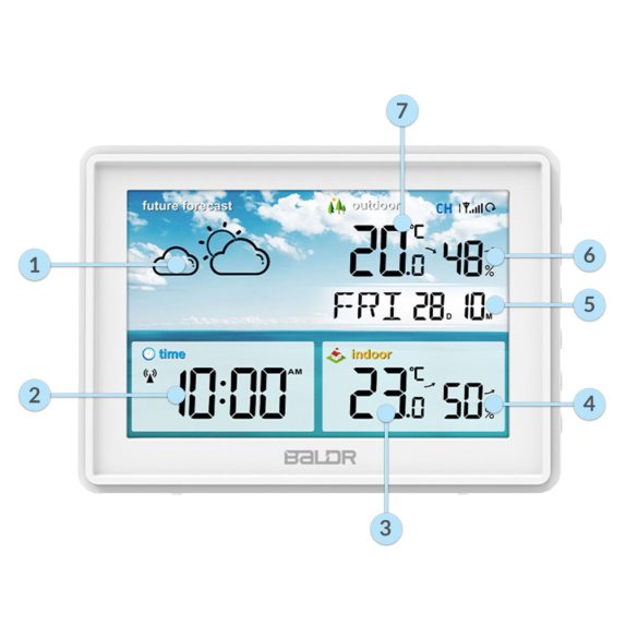 Időjárás állomás, BALDR BD-909, fehér, vezeték nélküli, színes kijelző, külső érzékelő, 60 m hatótáv, hőmérséklet, páratartalom, légnyomás, ébresztőóra, előrejelzés