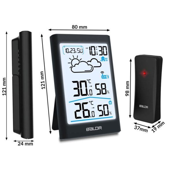 Időjárás állomás, BALDR BD-911, fekete, vezeték nélküli, színes kijelző, külső érzékelő, 60 m hatótáv, hőmérséklet, páratartalom