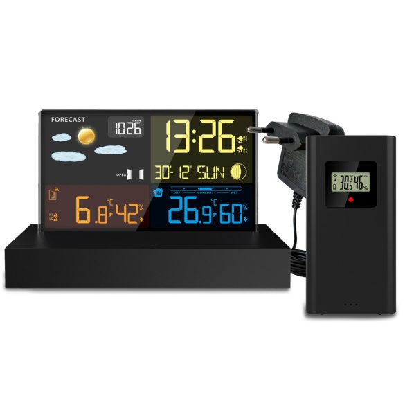 Időjárás állomás, Berdsen BD-912, fekete, vezeték nélküli, színes kijelző, külső érzékelő, 60 m hatótáv, hőmérséklet, páratartalom, légnyomás, ébresztőóra
