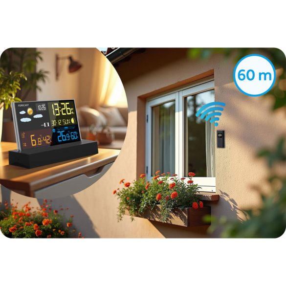 Időjárás állomás, Berdsen BD-912, fekete, vezeték nélküli, színes kijelző, külső érzékelő, 60 m hatótáv, hőmérséklet, páratartalom, légnyomás, ébresztőóra