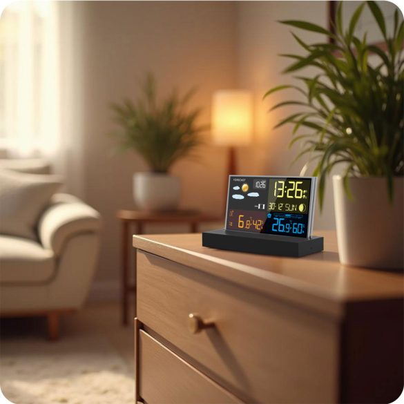 Időjárás állomás, Berdsen BD-912, fekete, vezeték nélküli, színes kijelző, külső érzékelő, 60 m hatótáv, hőmérséklet, páratartalom, légnyomás, ébresztőóra