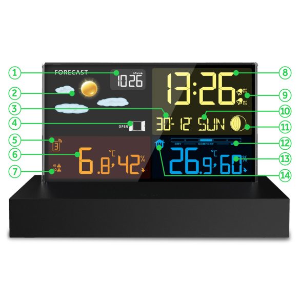 Időjárás állomás, Berdsen BD-912, fekete, vezeték nélküli, színes kijelző, külső érzékelő, 60 m hatótáv, hőmérséklet, páratartalom, légnyomás, ébresztőóra
