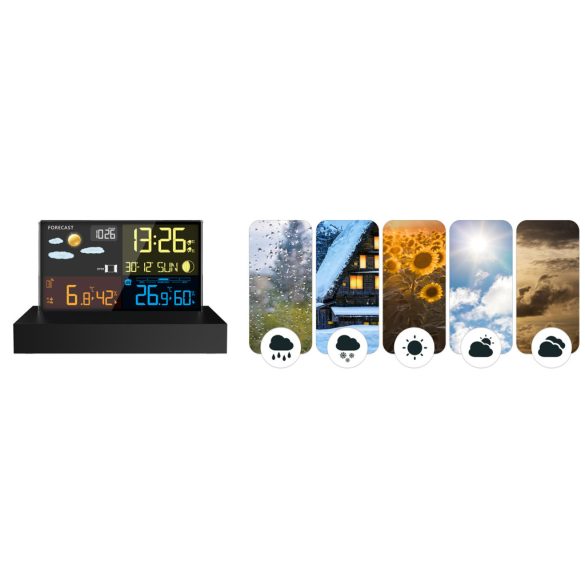 Időjárás állomás, Berdsen BD-912, fekete, vezeték nélküli, színes kijelző, külső érzékelő, 60 m hatótáv, hőmérséklet, páratartalom, légnyomás, ébresztőóra