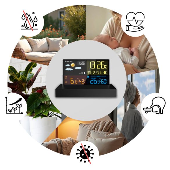 Időjárás állomás, Berdsen BD-912, fekete, vezeték nélküli, színes kijelző, külső érzékelő, 60 m hatótáv, hőmérséklet, páratartalom, légnyomás, ébresztőóra