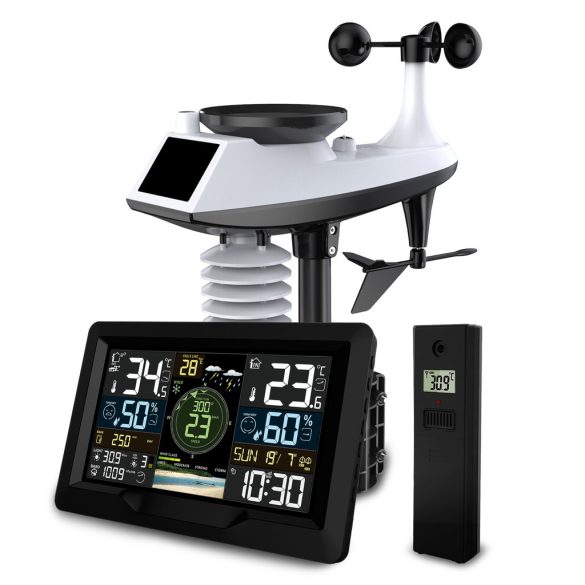 Időjárás állomás, Berdsen BD-914, fekete, vezeték nélküli, színes kijelző, külső érzékelő, 100 m hatótáv, hőmérséklet, páratartalom, légnyomás, ébresztőóra, előrejelzés, szélerősség, csapadékmérés