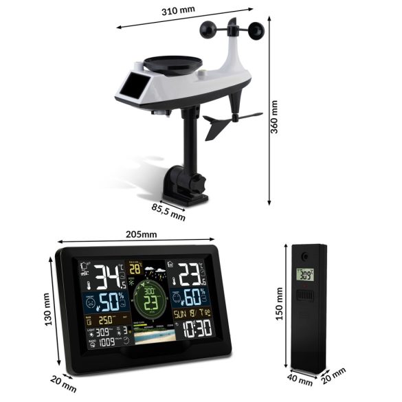 Időjárás állomás, Berdsen BD-914, fekete, vezeték nélküli, színes kijelző, külső érzékelő, 100 m hatótáv, hőmérséklet, páratartalom, légnyomás, ébresztőóra, előrejelzés, szélerősség, csapadékmérés