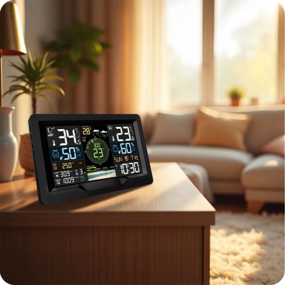 Időjárás állomás, Berdsen BD-914, fekete, vezeték nélküli, színes kijelző, külső érzékelő, 100 m hatótáv, hőmérséklet, páratartalom, légnyomás, ébresztőóra, előrejelzés, szélerősség, csapadékmérés