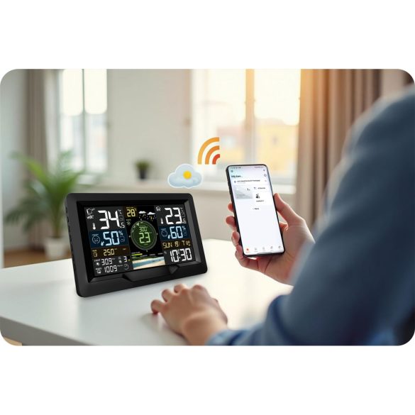 Időjárás állomás, Berdsen BD-914, fekete, vezeték nélküli, színes kijelző, külső érzékelő, 100 m hatótáv, hőmérséklet, páratartalom, légnyomás, ébresztőóra, előrejelzés, szélerősség, csapadékmérés