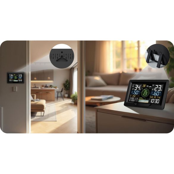 Időjárás állomás, Berdsen BD-914, fekete, vezeték nélküli, színes kijelző, külső érzékelő, 100 m hatótáv, hőmérséklet, páratartalom, légnyomás, ébresztőóra, előrejelzés, szélerősség, csapadékmérés