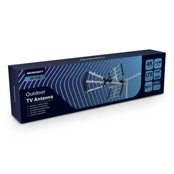 TV antenna, Berdsen BD-950, ezüst, kültéri, 4K Ultra HD kompatibilis, VHF + UHF, DVB-T/T2, LTE szűrős, 12 dB erősítés, 80 km hatótáv