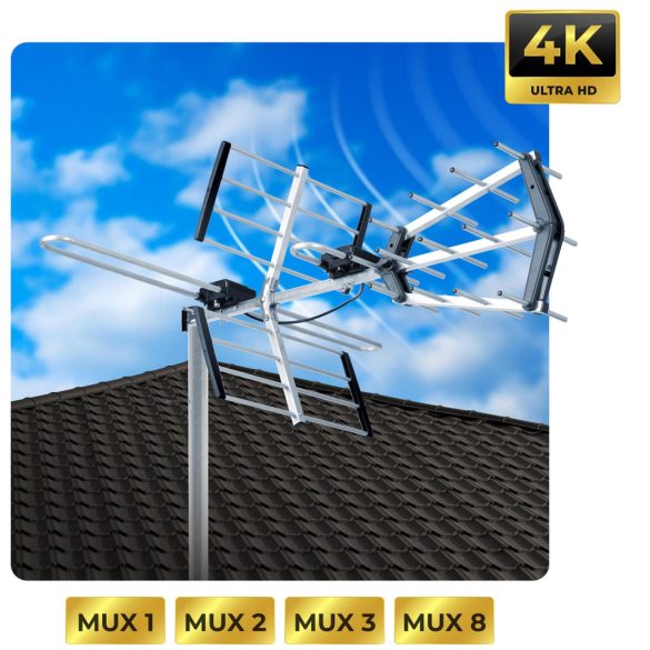TV antenna, Berdsen BD-950, ezüst, kültéri, 4K Ultra HD kompatibilis, VHF + UHF, DVB-T/T2, LTE szűrős, 12 dB erősítés, 80 km hatótáv