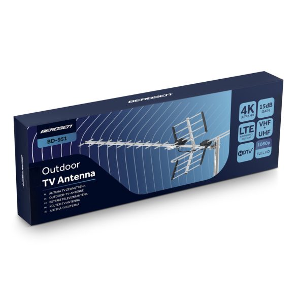 TV antenna, Berdsen BD-951, ezüst, kültéri, 4K Ultra HD kompatibilis, VHF + UHF, DVB-T/T2, LTE szűrős, 15 dB erősítés, 80 km hatótáv
