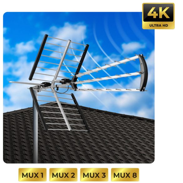TV antenna, Berdsen BD-953, ezüst, kültéri, 4K Ultra HD kompatibilis, VHF + UHF, DVB-T/T2, LTE szűrős, 13-15 dB erősítés, 80 km hatótáv