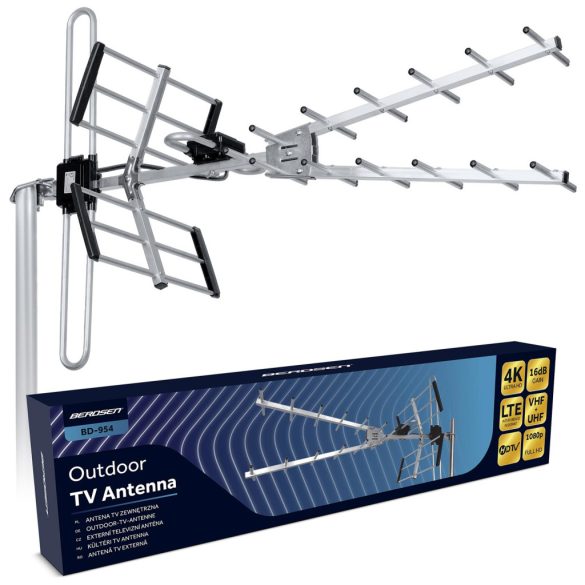 TV antenna, Berdsen BD-953, ezüst, kültéri, 4K Ultra HD kompatibilis, VHF + UHF, DVB-T/T2, LTE szűrős, 16 dB erősítés, 80 km hatótáv