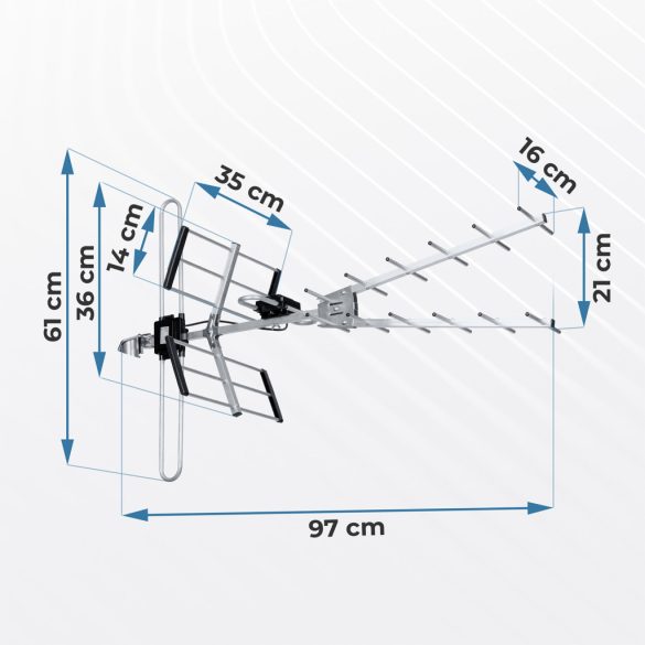 TV antenna, Berdsen BD-953, ezüst, kültéri, 4K Ultra HD kompatibilis, VHF + UHF, DVB-T/T2, LTE szűrős, 16 dB erősítés, 80 km hatótáv