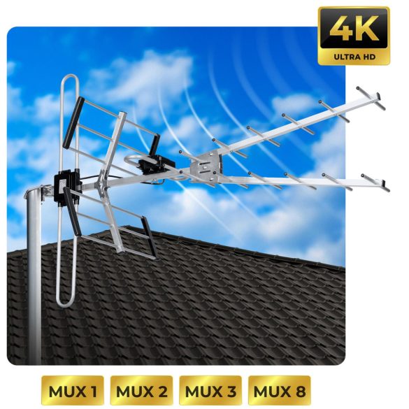 TV antenna, Berdsen BD-953, ezüst, kültéri, 4K Ultra HD kompatibilis, VHF + UHF, DVB-T/T2, LTE szűrős, 16 dB erősítés, 80 km hatótáv