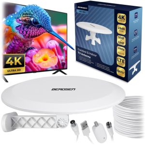 TV antenna, Berdsen BD-955, fehér, beltéri/kültéri, 4K Ultra HD kompatibilis, VHF + UHF, DVB-T/T2, LTE szűrős, 28 dB erősítés, 80 km hatótáv, 10 m kábel