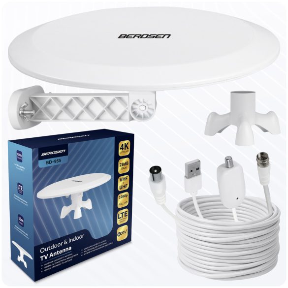 TV antenna, Berdsen BD-955, fehér, beltéri/kültéri, 4K Ultra HD kompatibilis, VHF + UHF, DVB-T/T2, LTE szűrős, 28 dB erősítés, 80 km hatótáv, 10 m kábel
