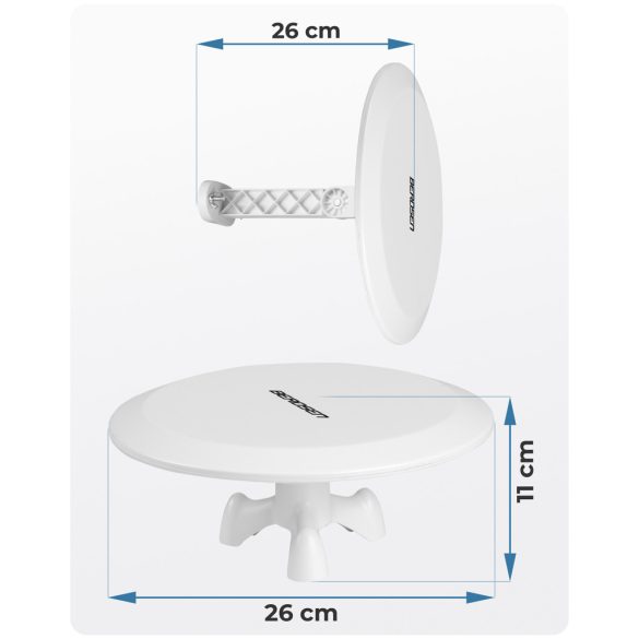 TV antenna, Berdsen BD-955, fehér, beltéri/kültéri, 4K Ultra HD kompatibilis, VHF + UHF, DVB-T/T2, LTE szűrős, 28 dB erősítés, 80 km hatótáv, 10 m kábel