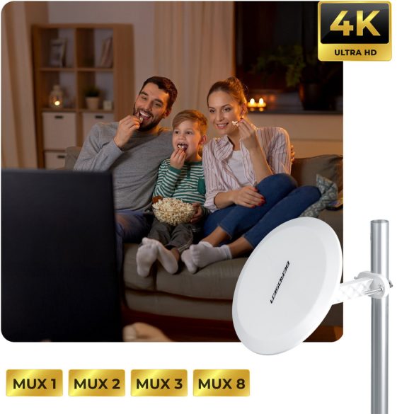 TV antenna, Berdsen BD-955, fehér, beltéri/kültéri, 4K Ultra HD kompatibilis, VHF + UHF, DVB-T/T2, LTE szűrős, 28 dB erősítés, 80 km hatótáv, 10 m kábel