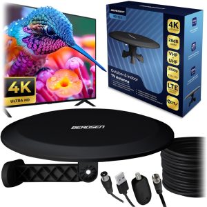 TV antenna, Berdsen BD-955, fekete, beltéri/kültéri, 4K Ultra HD kompatibilis, VHF + UHF, DVB-T/T2, LTE szűrős, 28 dB erősítés, 80 km hatótáv, 10 m kábel