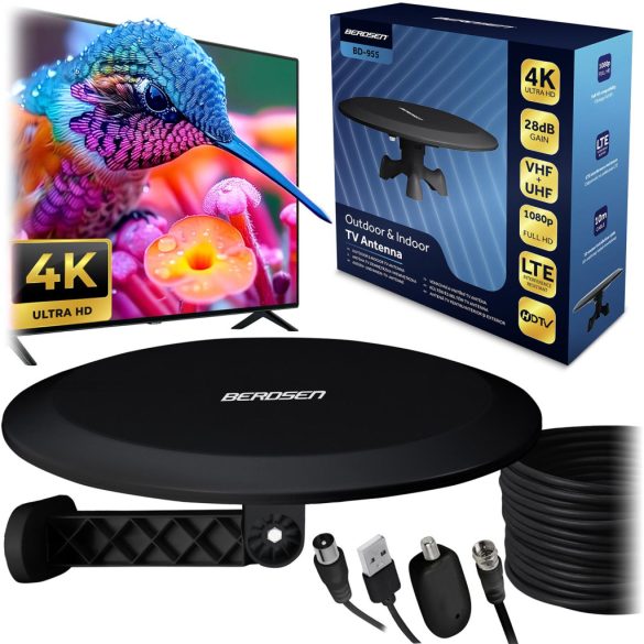 TV antenna, Berdsen BD-955, fekete, beltéri/kültéri, 4K Ultra HD kompatibilis, VHF + UHF, DVB-T/T2, LTE szűrős, 28 dB erősítés, 80 km hatótáv, 10 m kábel