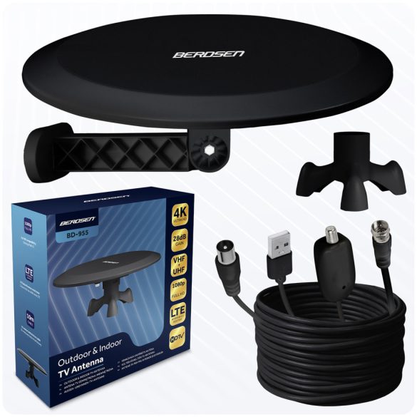 TV antenna, Berdsen BD-955, fekete, beltéri/kültéri, 4K Ultra HD kompatibilis, VHF + UHF, DVB-T/T2, LTE szűrős, 28 dB erősítés, 80 km hatótáv, 10 m kábel