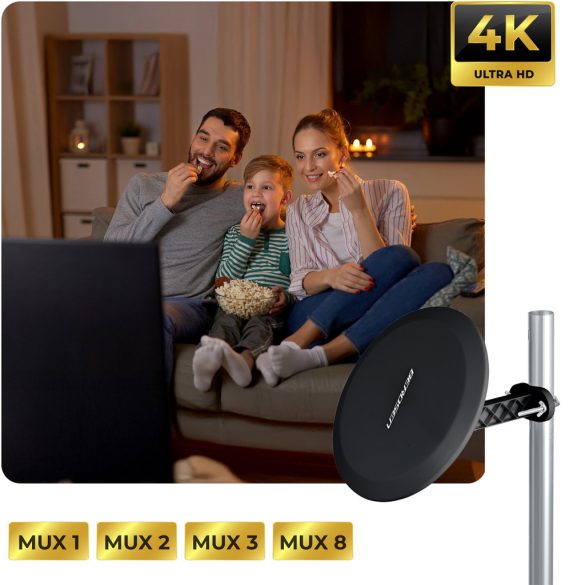 TV antenna, Berdsen BD-955, fekete, beltéri/kültéri, 4K Ultra HD kompatibilis, VHF + UHF, DVB-T/T2, LTE szűrős, 28 dB erősítés, 80 km hatótáv, 10 m kábel
