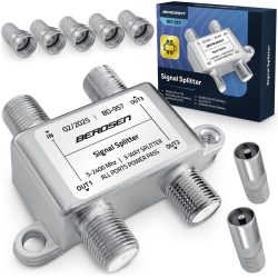   Antenna jelosztó, Berdsen BD-957, ezüst, 5–2400 MHz, árnyékolt fémházas, egyenáram-átvezetés minden porton, 5× F és 2× F–IEC adapterrel