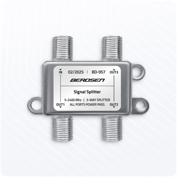 Antenna jelosztó, Berdsen BD-957, ezüst, 5–2400 MHz, árnyékolt fémházas, egyenáram-átvezetés minden porton, 5× F és 2× F–IEC adapterrel