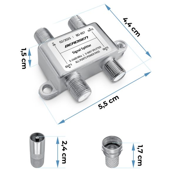 Antenna jelosztó, Berdsen BD-957, ezüst, 5–2400 MHz, árnyékolt fémházas, egyenáram-átvezetés minden porton, 5× F és 2× F–IEC adapterrel