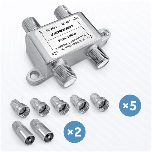 Antenna jelosztó, Berdsen BD-957, ezüst, 5–2400 MHz, árnyékolt fémházas, egyenáram-átvezetés minden porton, 5× F és 2× F–IEC adapterrel