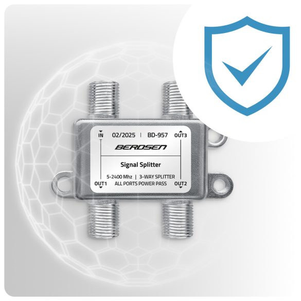 Antenna jelosztó, Berdsen BD-957, ezüst, 5–2400 MHz, árnyékolt fémházas, egyenáram-átvezetés minden porton, 5× F és 2× F–IEC adapterrel